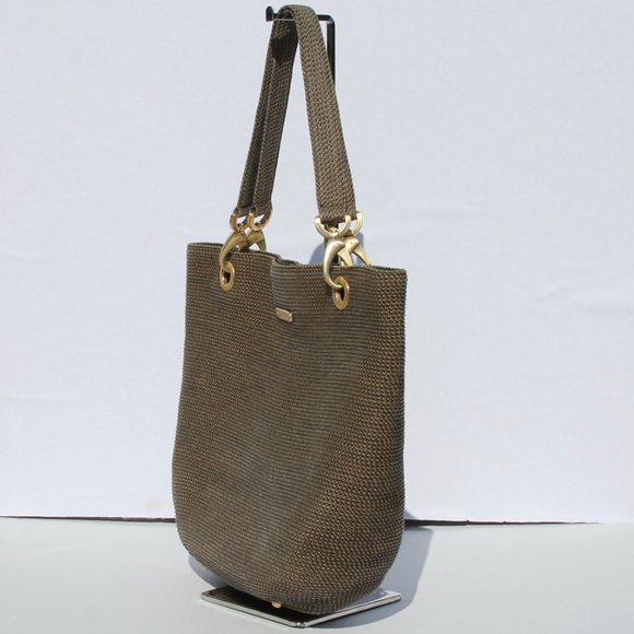 ERIC JAVITZ Black & Metallic Gold Woven Tote, Chunky Gold Accents, Medium Size - Picture 2 of 16